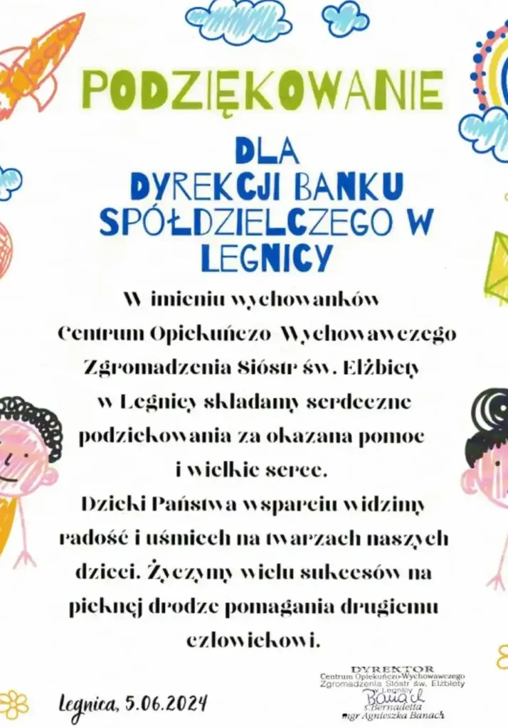 Podziękowanie od Centrum Opiekuńczo Wychowawczego Zgromadzenia Sióstr Św. Elżbiety w Legnicy