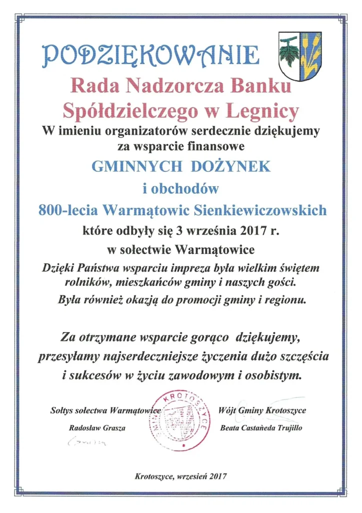 Podziękowanie za wsparcie Gminnych Dożynek i obchodów 800-lecia Warmątowic Sienkiewiczowskich