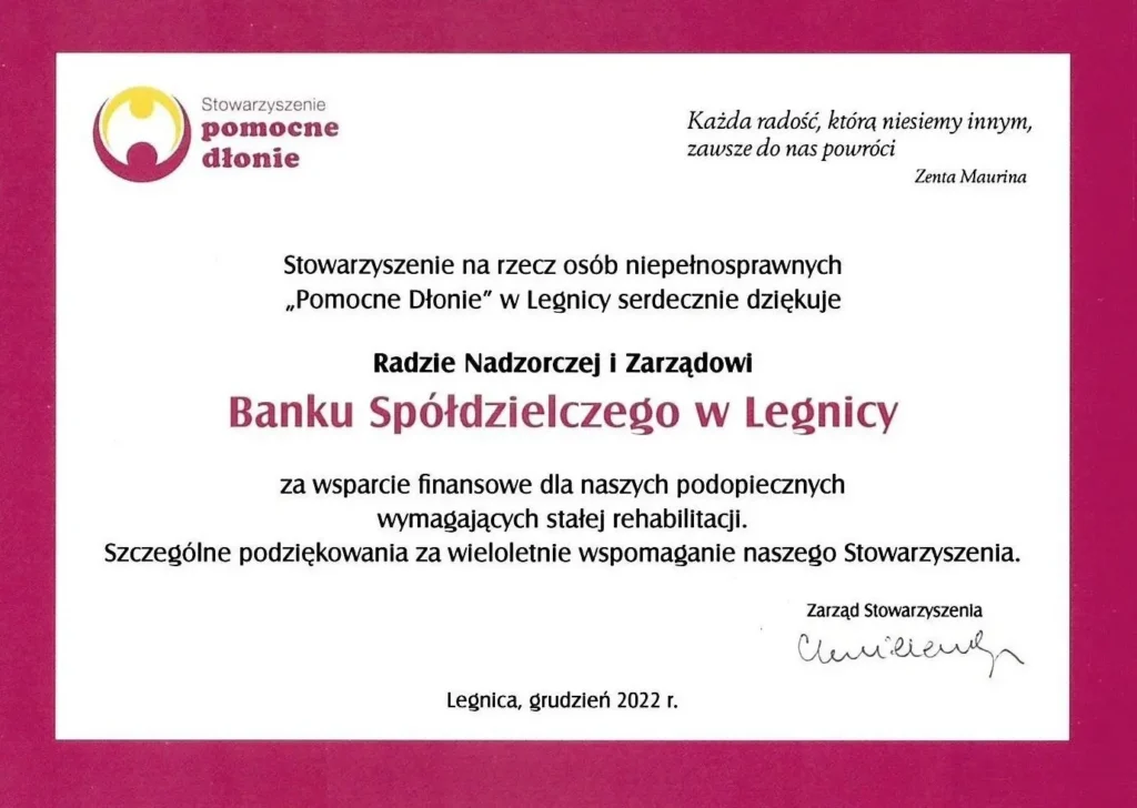 Podziękowanie od Stowarzyszenia "Pomocne Dłonie" za wsparcie podopiecznych